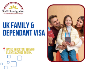 A happy family holding passports and travel tickets, promoting UK Family and Dependant Visa services by Staf H Immigration, UK Visa and Immigration Lawyer based in Bolton.