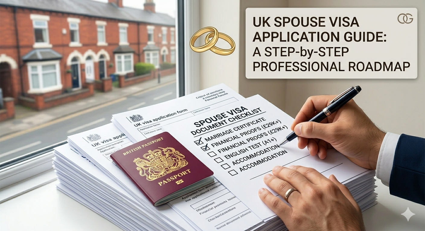 Professional UK Spouse Visa Application Guide checklist and British passport on a desk in Bolton.