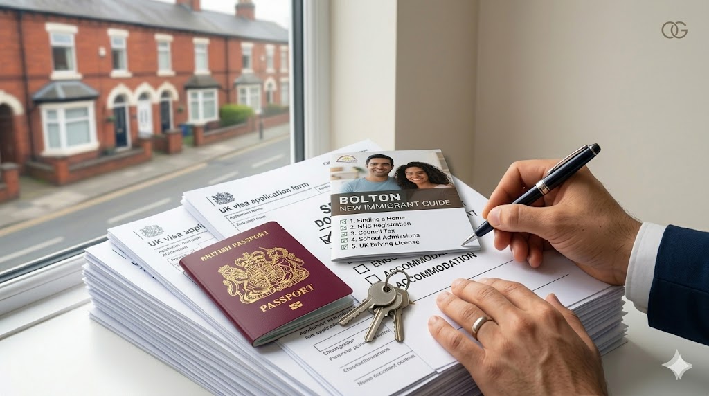 Professional Bolton New Immigrant Guide booklet with a settlement checklist and British passport on a desk.