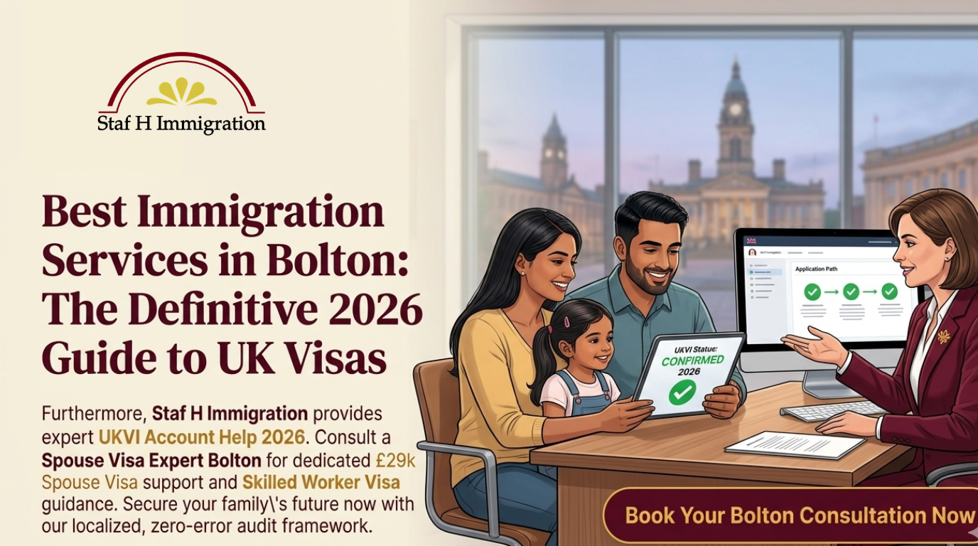 Best Immigration Services in Walkden: Staf H Immigration providing expert UKVI Account Help 2026 and Spouse Visa Expert Bolton advice for M28 professionals.