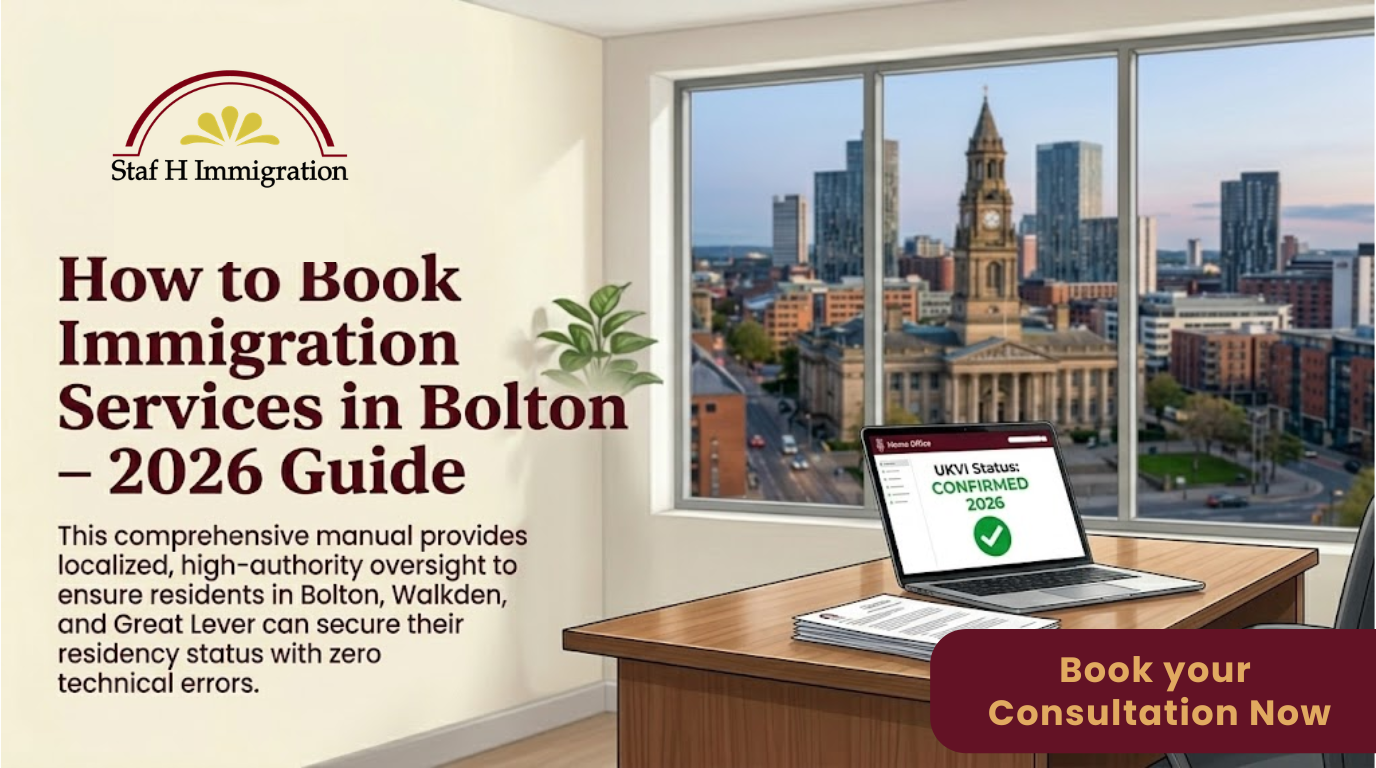 A professional desk banner for staf h immigration, featuring a laptop with a confirmed 2026 UKVI eVisa status and a view of the Bolton Town Hall.
