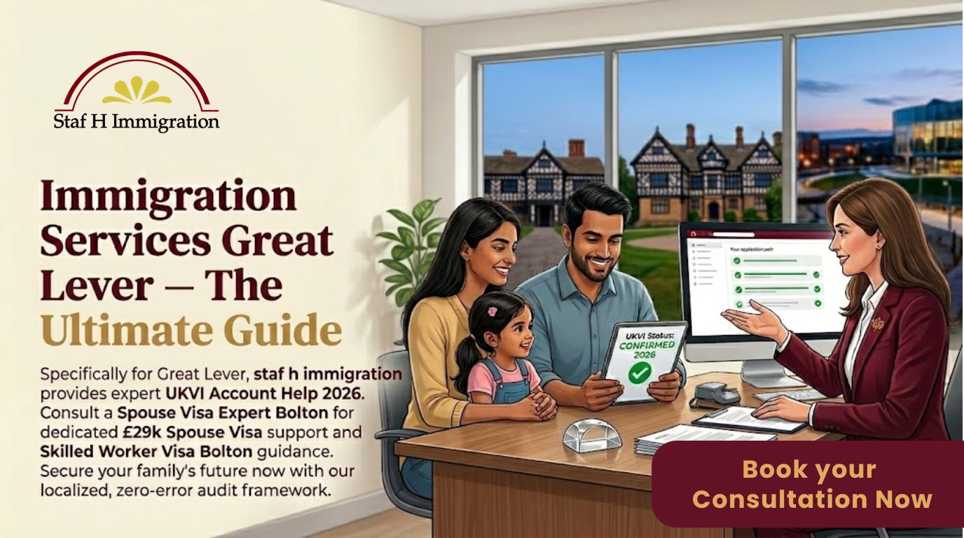 Immigration Services Great Lever: Staf h immigration providing expert UKVI Account Help 2026 and Spouse Visa Expert Bolton advice for local families.