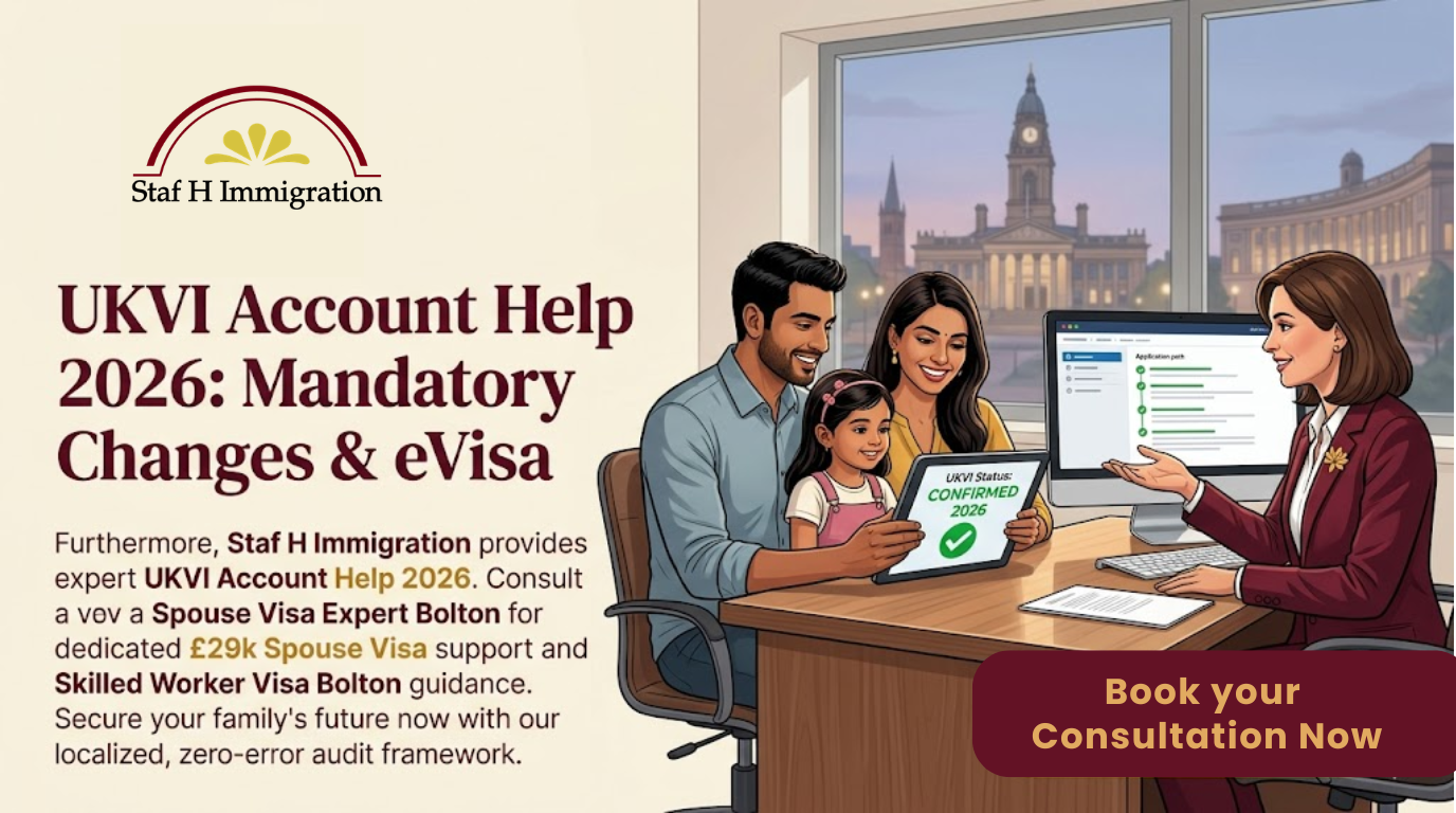 UKVI Account Help 2026: Staf H Immigration providing expert eVisa transition support and Spouse Visa Expert Bolton advice for local families.